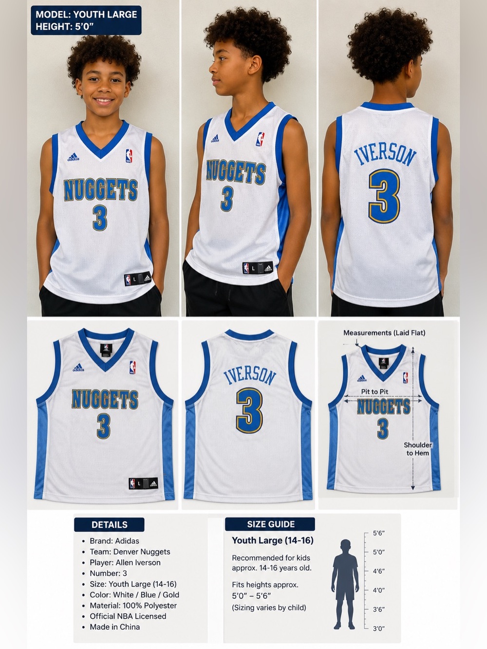 Adidas Denver Nuggets Iverson #3 Kids Large 14-16 Swingman NBA Jersey White/Blue